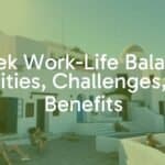 Greek work-life balance, sunny Mediterranean setting, traditional white buildings, people relaxing and working, realistic style with warm lighting.
