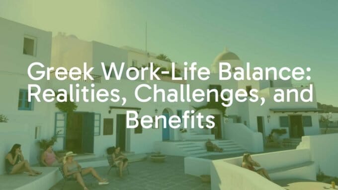 Greek work-life balance, sunny Mediterranean setting, traditional white buildings, people relaxing and working, realistic style with warm lighting.