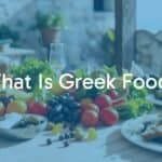 Traditional Greek feast on a rustic table, fresh vegetables, olives, feta cheese, grilled meat, warm Mediterranean sunlight, inviting and vibrant.