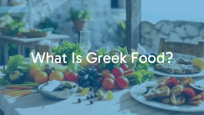 Traditional Greek feast on a rustic table, fresh vegetables, olives, feta cheese, grilled meat, warm Mediterranean sunlight, inviting and vibrant.