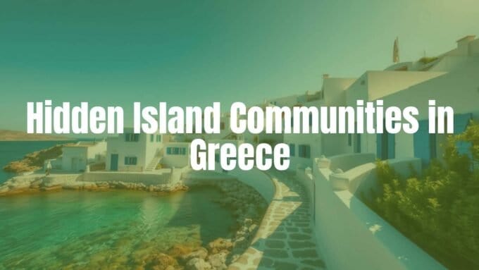 A serene, hidden Greek island village with white-washed houses, blue shutters, and narrow stone pathways, surrounded by crystal-clear turquoise water, golden sunlight, peaceful atmosphere, realistic style.