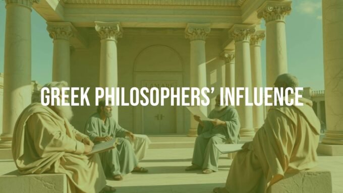 Ancient Greek philosophers debating in a marble agora, historical setting, realistic style, with columns and scrolls.