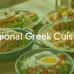 A vibrant spread of regional Greek dishes, including moussaka, souvlaki, and fresh village salad, on a rustic wooden table with olive oil and herbs, warm Mediterranean lighting, realistic.