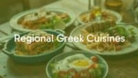 A vibrant spread of regional Greek dishes, including moussaka, souvlaki, and fresh village salad, on a rustic wooden table with olive oil and herbs, warm Mediterranean lighting, realistic.