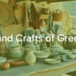 Traditional Greek island crafts, including pottery, textiles, and basketry, arranged on a rustic wooden table with a Mediterranean coastal backdrop, warm sunlight, rich colors, detailed and realistic.