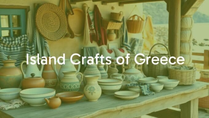 Traditional Greek island crafts, including pottery, textiles, and basketry, arranged on a rustic wooden table with a Mediterranean coastal backdrop, warm sunlight, rich colors, detailed and realistic.