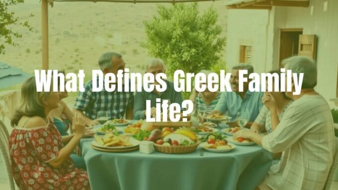 A warm and joyful Greek family gathering, outdoor courtyard, traditional Greek food on the table, multi-generational family members laughing together, Mediterranean backdrop, realistic style.