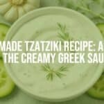 Creamy tzatziki sauce in a white bowl, fresh cucumber slices, dill garnish, Greek yogurt, garlic cloves nearby, Mediterranean vibe, bright and fresh.