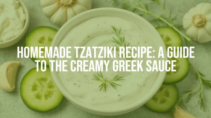 Creamy tzatziki sauce in a white bowl, fresh cucumber slices, dill garnish, Greek yogurt, garlic cloves nearby, Mediterranean vibe, bright and fresh.