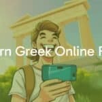 A happy person holding a smartphone with a Greek language learning app open, ancient Greek ruins in the background, sunny and vibrant colors, illustrative.