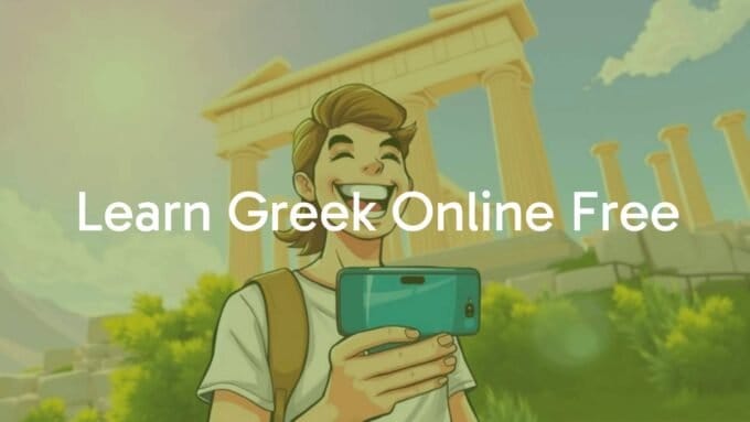 A happy person holding a smartphone with a Greek language learning app open, ancient Greek ruins in the background, sunny and vibrant colors, illustrative.