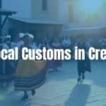 Traditional Cretan festival with locals dancing in colorful costumes, sunset over village square, warm and vibrant atmosphere, realistic style.