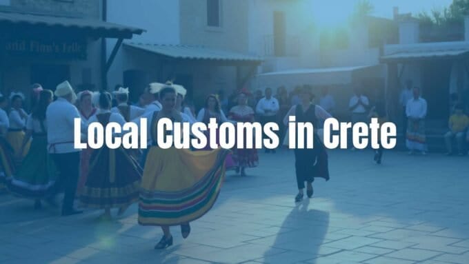 Traditional Cretan festival with locals dancing in colorful costumes, sunset over village square, warm and vibrant atmosphere, realistic style.