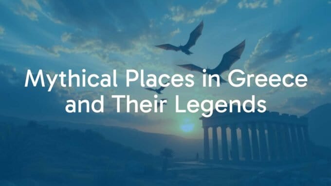 Ancient Greek temple ruins under golden sunset, mythical creatures in the sky, Mediterranean landscape, mystical atmosphere, realistic.
