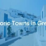 Historic Greek town with white Cycladic houses, narrow cobblestone streets, blue shutters, sunny day, realistic.
