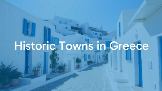 Historic Greek town with white Cycladic houses, narrow cobblestone streets, blue shutters, sunny day, realistic.
