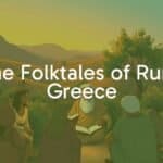A rustic Greek village scene at dusk, with an elderly storyteller surrounded by attentive villagers, a backdrop of rolling hills and olive trees, warm golden lighting, illustrative style.