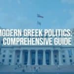 Modern Greek parliamentary democracy, historic transition from dictatorship, vibrant political scene, Athens government buildings, symbolic democratic imagery, realistic.
