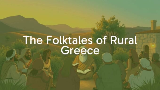 A rustic Greek village scene at dusk, with an elderly storyteller surrounded by attentive villagers, a backdrop of rolling hills and olive trees, warm golden lighting, illustrative style.