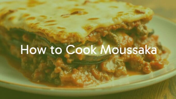 Greek moussaka dish, layered with eggplant, tomato meat sauce, and creamy béchamel, golden brown top, homely and delicious, traditional Greek comfort food, realistic food photography.
