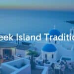 Greek island village scene, traditional whitewashed houses, blue domed church, lively outdoor feast with locals, Mediterranean sunset, warm and inviting atmosphere, realistic.