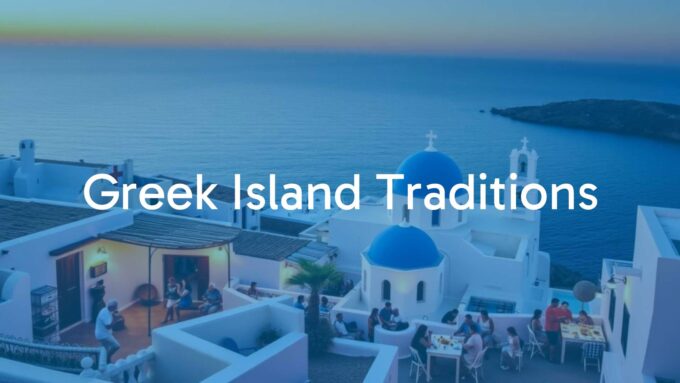 Greek island village scene, traditional whitewashed houses, blue domed church, lively outdoor feast with locals, Mediterranean sunset, warm and inviting atmosphere, realistic.