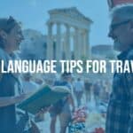 Tourist in Greece holding a phrasebook, speaking to a friendly local vendor in a vibrant market, ancient ruins in the background, warm Mediterranean sunlight, joyful and welcoming atmosphere, realistic.
