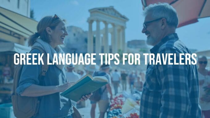 Tourist in Greece holding a phrasebook, speaking to a friendly local vendor in a vibrant market, ancient ruins in the background, warm Mediterranean sunlight, joyful and welcoming atmosphere, realistic.
