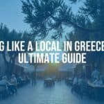 Greek village square at golden hour, locals chatting at outdoor tables, olive trees, warm Mediterranean colors, relaxed vibe, realistic.
