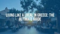 Greek village square at golden hour, locals chatting at outdoor tables, olive trees, warm Mediterranean colors, relaxed vibe, realistic.