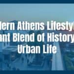 Modern Athens cityscape, vibrant mix of ancient ruins and urban life, lively streets with cafes, the Parthenon in the background, rooftop garden with people enjoying sunset, warm and bustling atmosphere, realistic style.