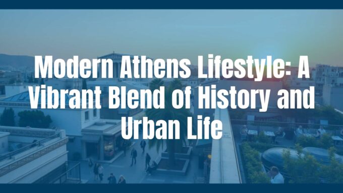 Modern Athens cityscape, vibrant mix of ancient ruins and urban life, lively streets with cafes, the Parthenon in the background, rooftop garden with people enjoying sunset, warm and bustling atmosphere, realistic style.