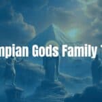 Olympian gods family tree, Mount Olympus in the background, detailed map with Zeus at the center, Greek mythology style, dramatic lighting, ancient and mystical.