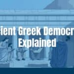 Ancient Greek agora with citizens debating, marble columns, scrolls and voting stones, historical illustration.
