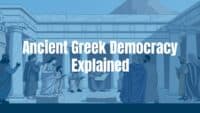 Ancient Greek agora with citizens debating, marble columns, scrolls and voting stones, historical illustration.