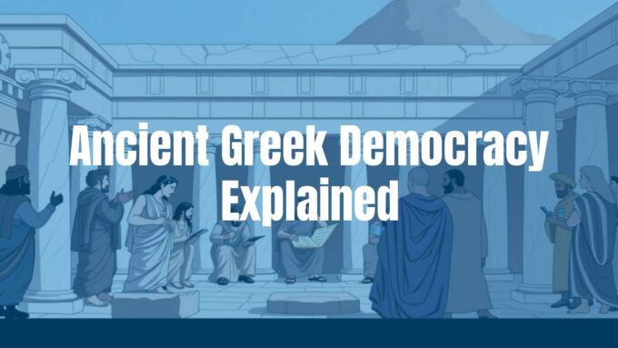 Ancient Greek agora with citizens debating, marble columns, scrolls and voting stones, historical illustration.