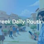 A blend of ancient and modern Greek daily life, featuring a sunlit Mediterranean village scene with people chatting in an agora, a farmer tending olive trees, and a modern worker checking a phone, warm and lively atmosphere, realistic illustration style.