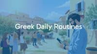 A blend of ancient and modern Greek daily life, featuring a sunlit Mediterranean village scene with people chatting in an agora, a farmer tending olive trees, and a modern worker checking a phone, warm and lively atmosphere, realistic illustration style.