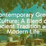Modern Greek taverna with ancient ruins in background, olive trees and Mediterranean sea, vibrant colors, traditional and contemporary elements blending, warm sunlight, realistic.