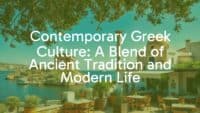 Modern Greek taverna with ancient ruins in background, olive trees and Mediterranean sea, vibrant colors, traditional and contemporary elements blending, warm sunlight, realistic.