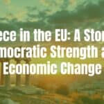 Greece EU membership, ancient ruins and modern city skyline, Mediterranean sunset, democratic strength and economic change, realistic style.