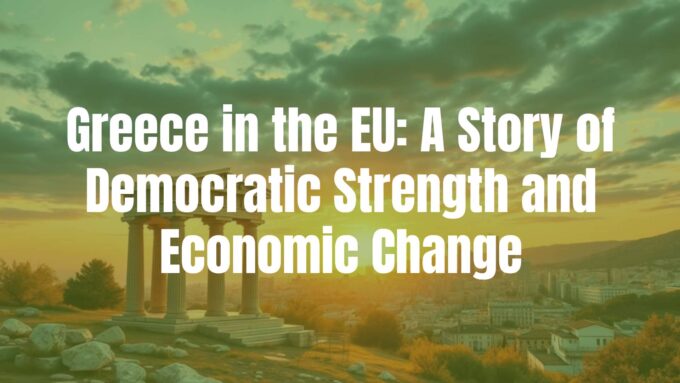 Greece EU membership, ancient ruins and modern city skyline, Mediterranean sunset, democratic strength and economic change, realistic style.
