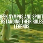 A beautiful Greek nymph in a flowing dress, standing in a lush forest with a clear spring, surrounded by vibrant plants and soft sunlight, ethereal and serene, realistic.