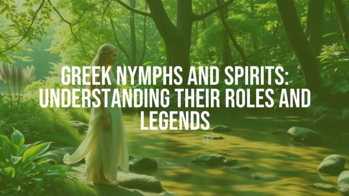 A beautiful Greek nymph in a flowing dress, standing in a lush forest with a clear spring, surrounded by vibrant plants and soft sunlight, ethereal and serene, realistic.