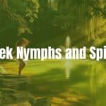 A mystical Greek nymph dancing beside a hidden forest pool, surrounded by lush greenery and golden sunlight, ethereal and serene, realistic.