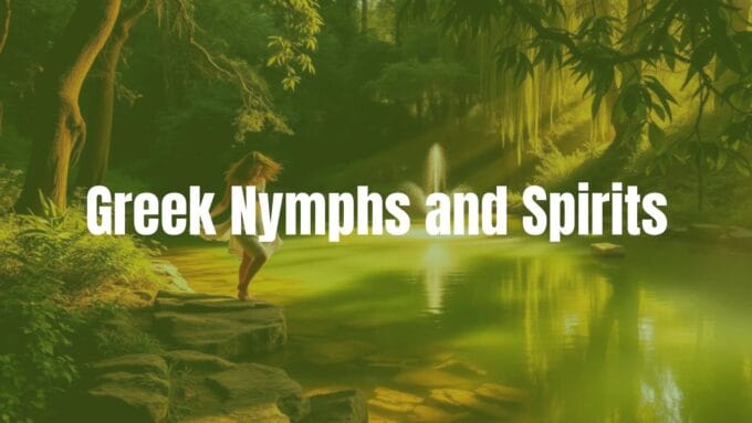 A mystical Greek nymph dancing beside a hidden forest pool, surrounded by lush greenery and golden sunlight, ethereal and serene, realistic.