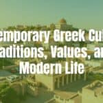 Modern Greek life blending ancient ruins and bustling city life, Mediterranean colors, warm sunlight, traditional and contemporary elements, vibrant and lively atmosphere, realistic.