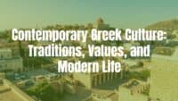 Modern Greek life blending ancient ruins and bustling city life, Mediterranean colors, warm sunlight, traditional and contemporary elements, vibrant and lively atmosphere, realistic.